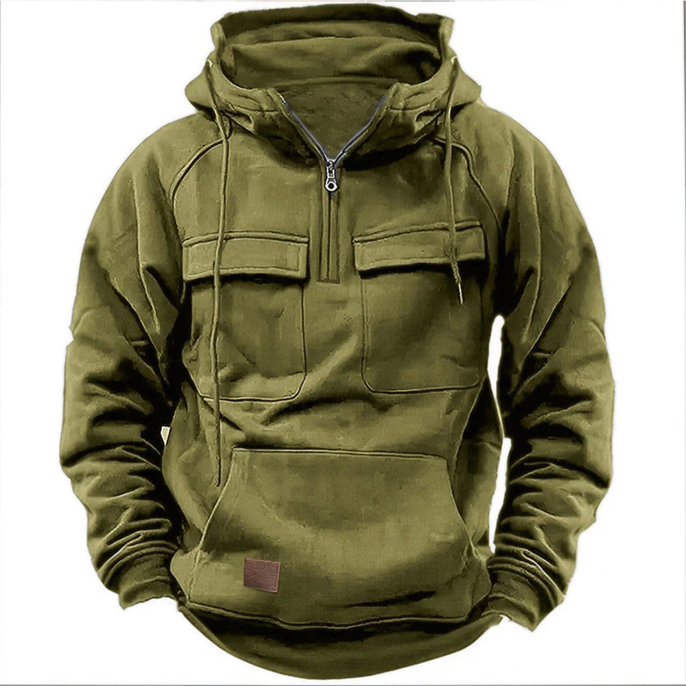Herren lässiger Kapuzenpullover mit praktischen Taschen und Kunstlederdetails EB