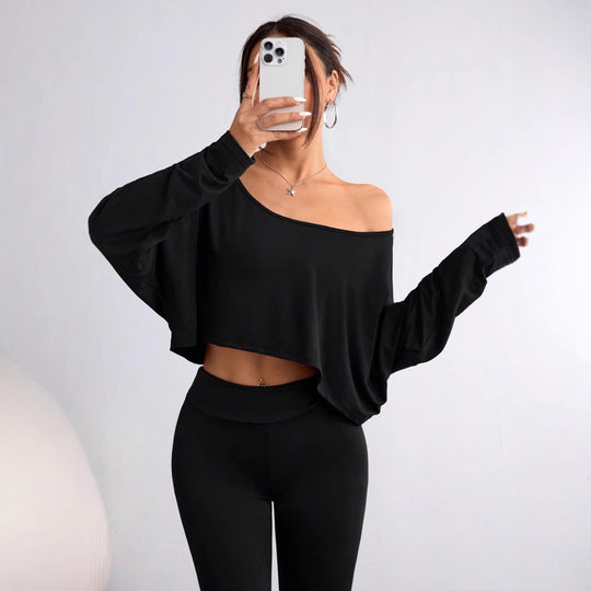Damen lässiges Oversized Langarm-Shirt mit asymmetrischem Saum und U-Boot-Ausschnitt EB