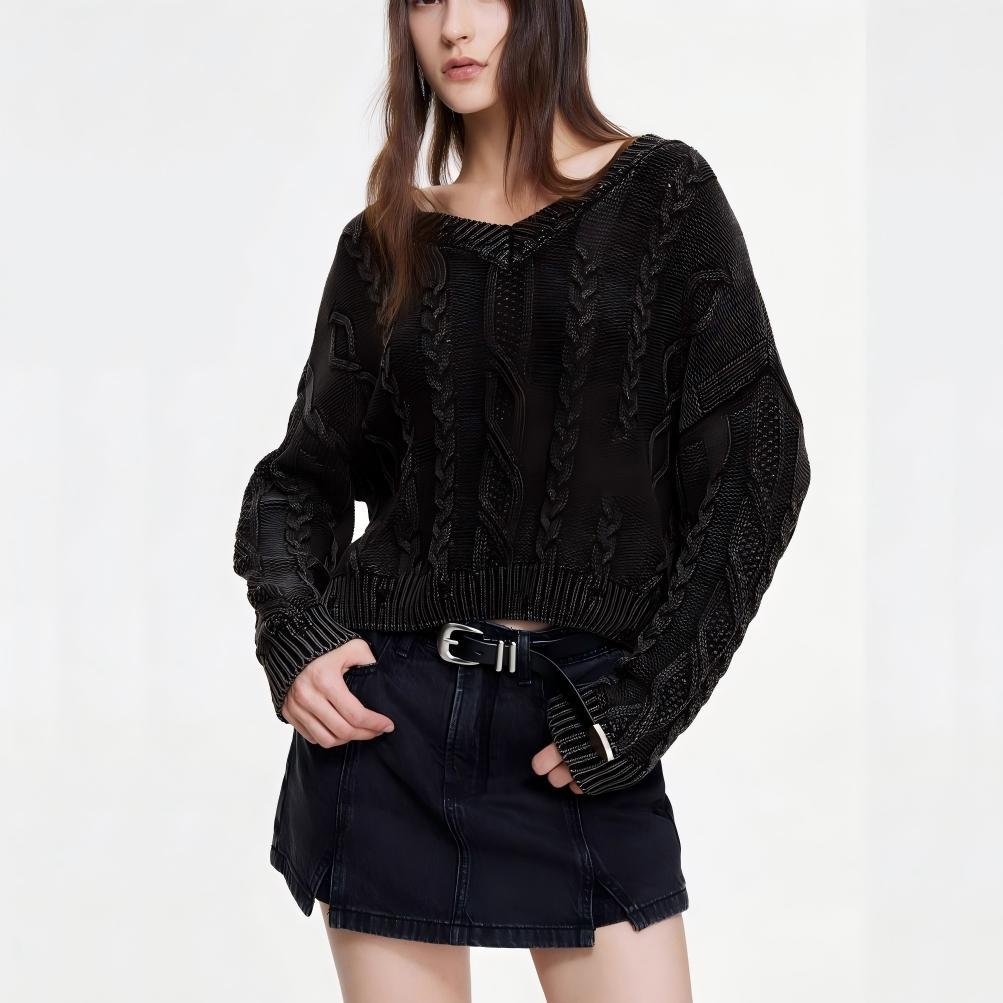 Damen Grob gestrickter Pullover mit V-Ausschnitt und voluminösen Ärmeln EB