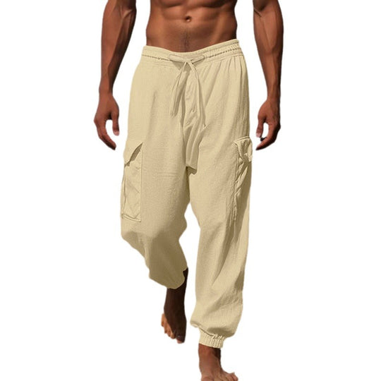 Herren nan luftige Leinen-Mix Strandhose mit Cargo-Taschen und elastischem Saum EB