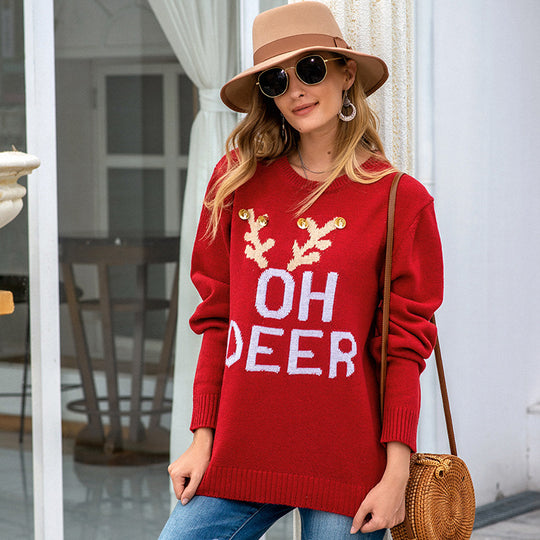 Damen Großer Strickpullover mit festlichem Motiv EB
