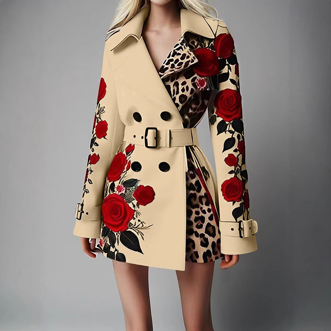 Damen Taillierter Trenchcoat mit Rosenprint und Leoparden-Innenfutter EB