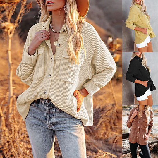 Damen Lässige Strickjacke mit Knopfleiste und Brusttasche EB