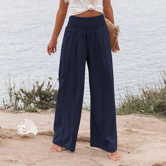 Damen weite und elegante Palazzo-Hose mit hohem Bund und Faltenwurf EB