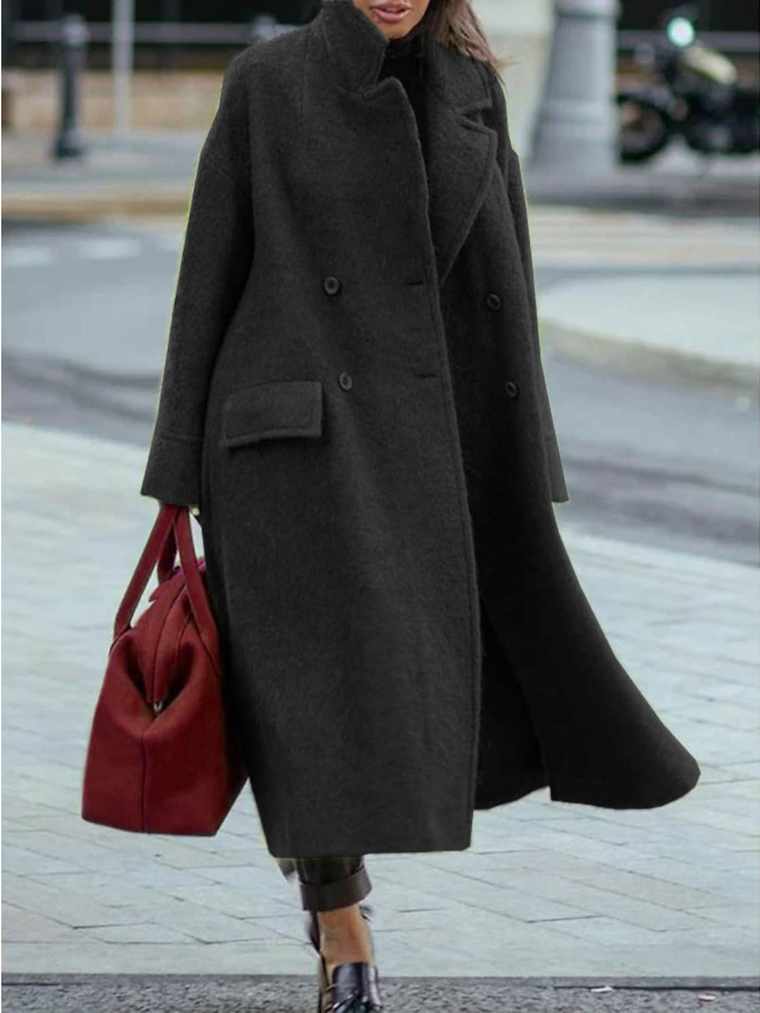 Damen nan Cape-ähnlicher doppelreihiger Wollmantel mit weitem Fall, hohem Stehkragen und Pattentaschen EB