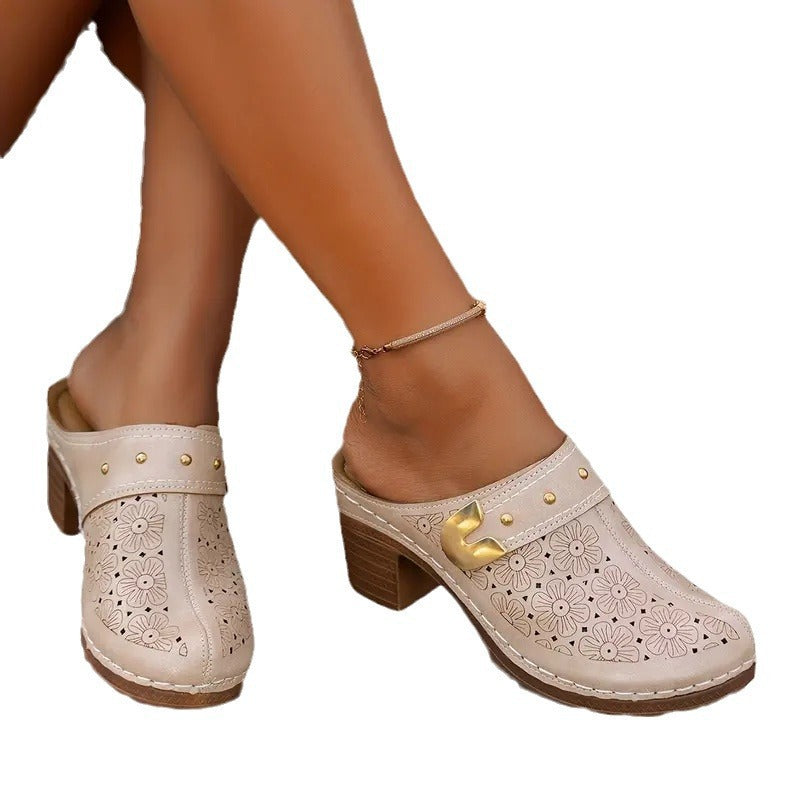 Damen elegante Clogs mit modischem Blumendesign und geschmackvoller Schnalle EB