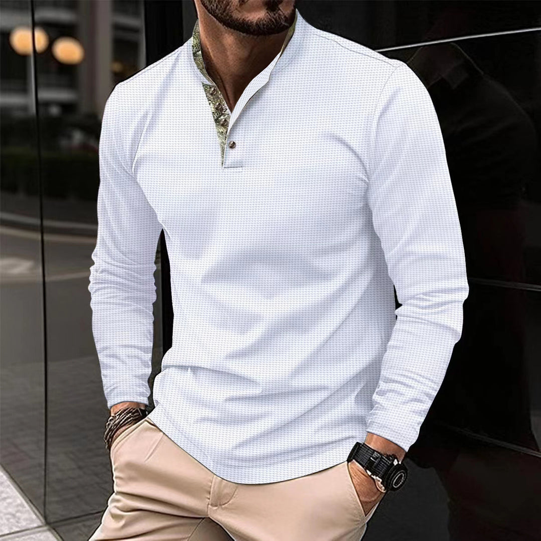Herren nan langärmliges Henley-Poloshirt mit Stehkragen, feiner Struktur und gemustertem Innenkragen EB