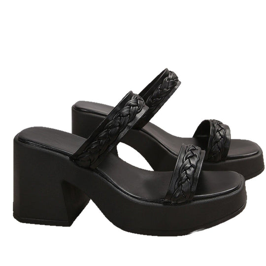 Damen Plateausandalen mit geflochtenem Riemendesign und robustem Blockabsatz EB