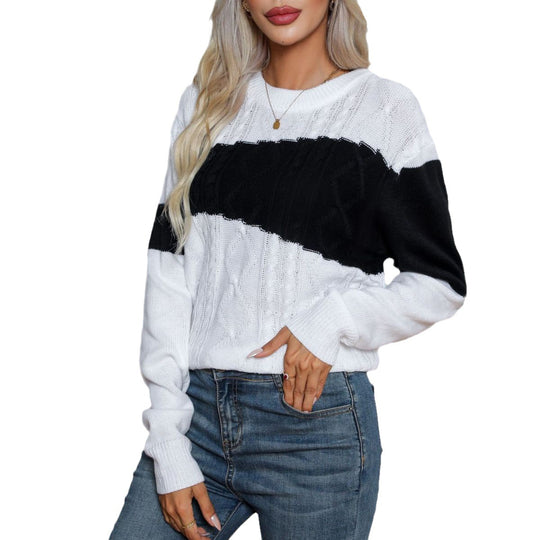 Damen Strickpullover mit modernen Kontrasten und Zopfmuster EB