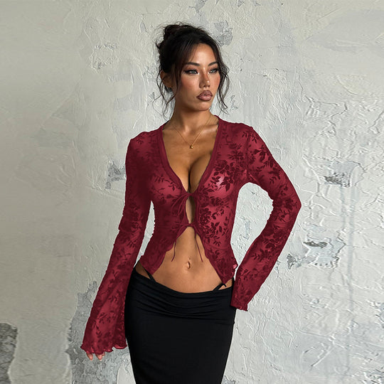 Damen Transparentes Spitzenoberteil mit floralem Design EB