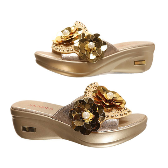 Damen Glamouröse Pantolette mit floralen Applikationen und bequemem Fußbett EB