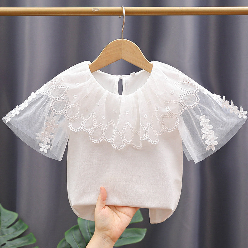 Mädchen Bluse mit Blumenstickerei und Tüllärmeln EB
