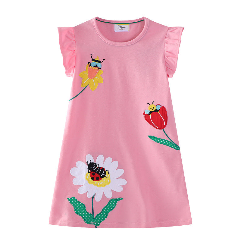 Mädchen Baumwollkleid mit fröhlichem Blumen- und Insektenmotiv EB