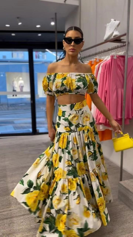 Damen Zweiteiliges Wickelkleid mit floralem Oberteil und schwingendem Rock EB