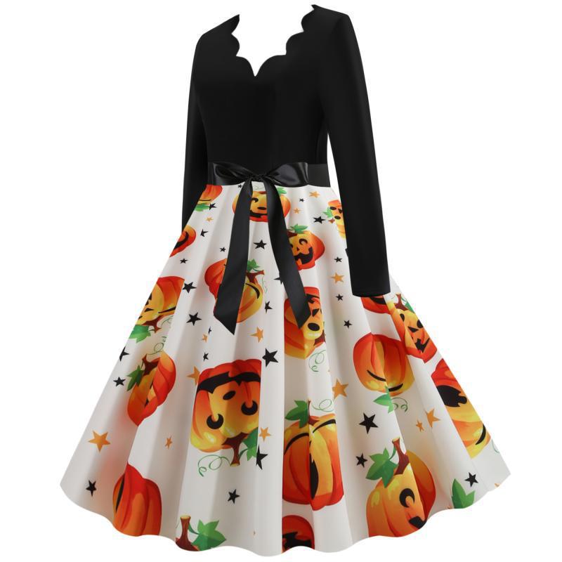 Damen Vintage Swing-Kleid mit Halloween-Kürbisprint, V-Ausschnitt mit Wellensaum und tailliertem Satinband EB