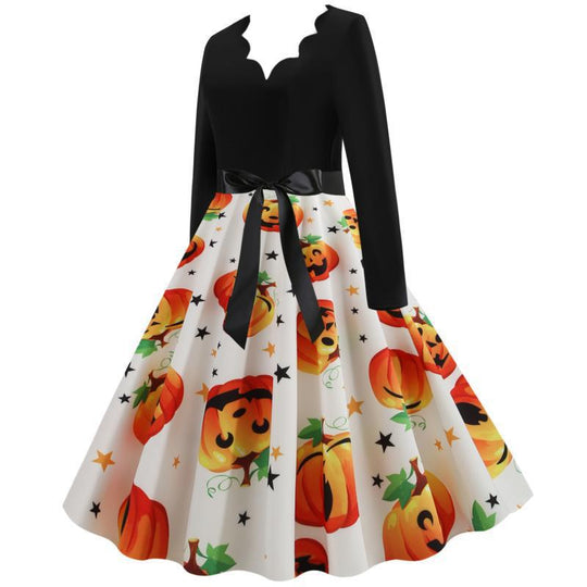 Damen Vintage Swing-Kleid mit Halloween-Kürbisprint, V-Ausschnitt mit Wellensaum und tailliertem Satinband EB