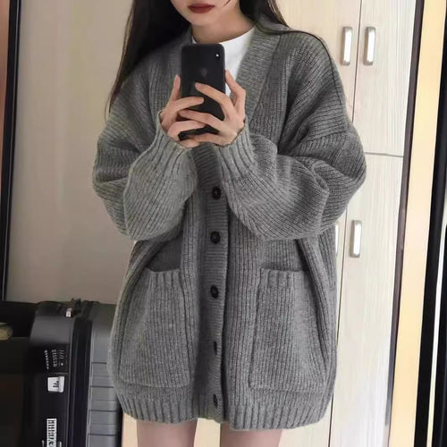 Damen Großer Strickcardigan mit praktischen Taschen und tiefem V-Ausschnitt EB