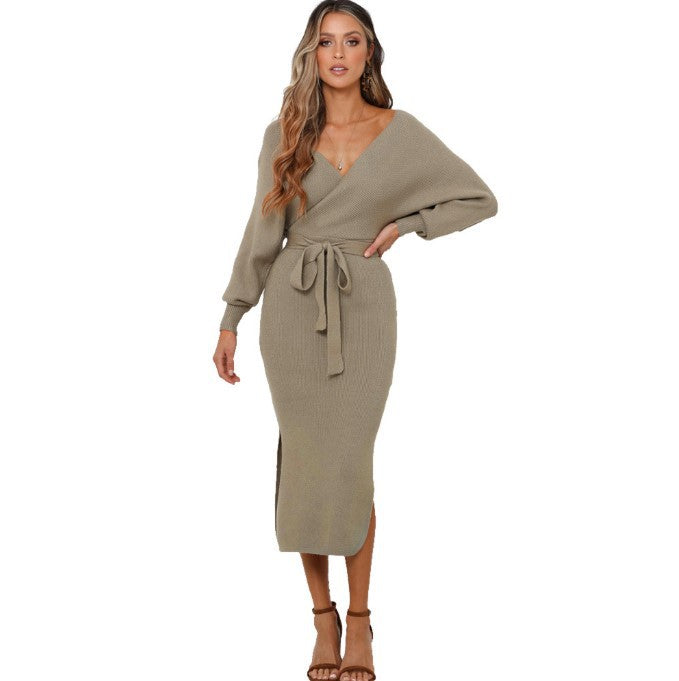 Damen Strickkleid mit Wickeloptik und seitlichem Schlitz EB