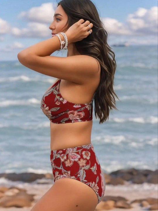 Damen Hochgeschnittener Bikini mit floralem Design EB