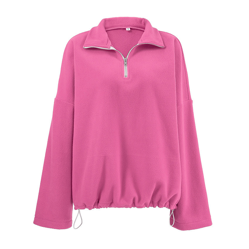 Damen lässiger Fleece-Pullover mit halbem Reißverschluss und oversized Schnitt EB