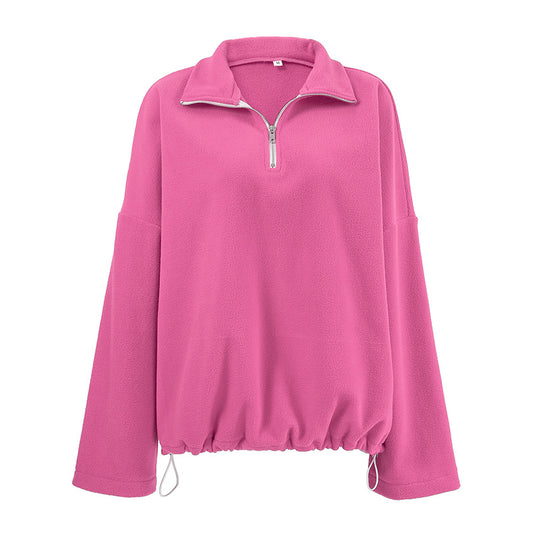 Damen lässiger Fleece-Pullover mit halbem Reißverschluss und oversized Schnitt EB
