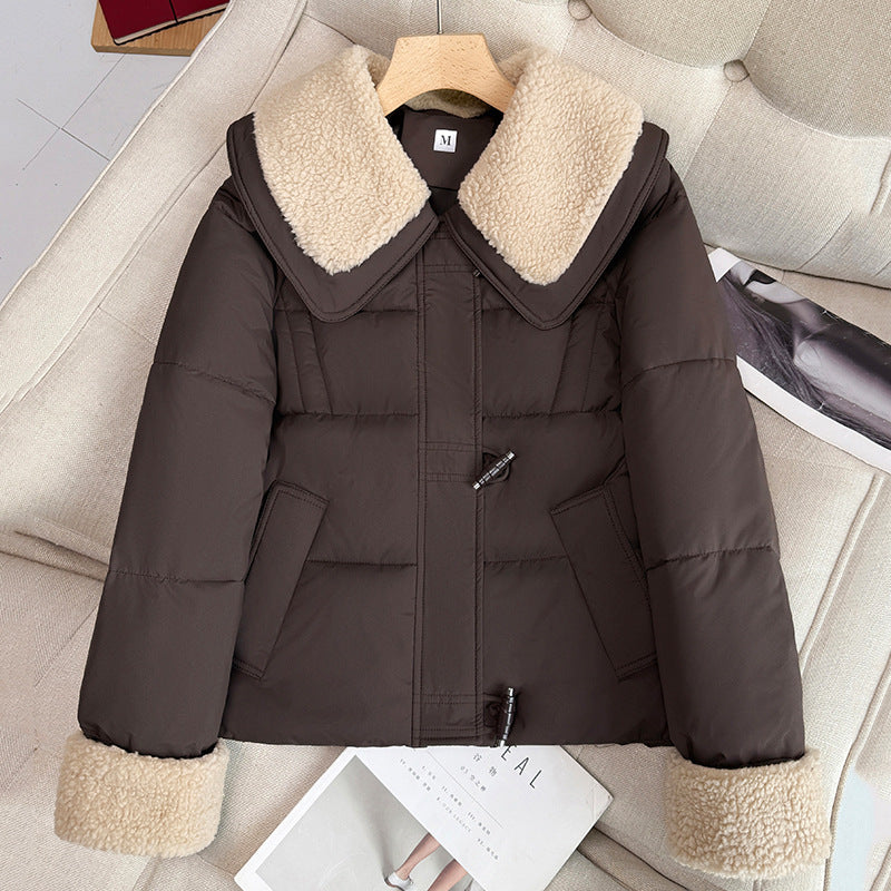 Damen nan kurzer wattierter Steppblouson mit voluminösem Teddykragen und Umschlag-Teddybündchen EB