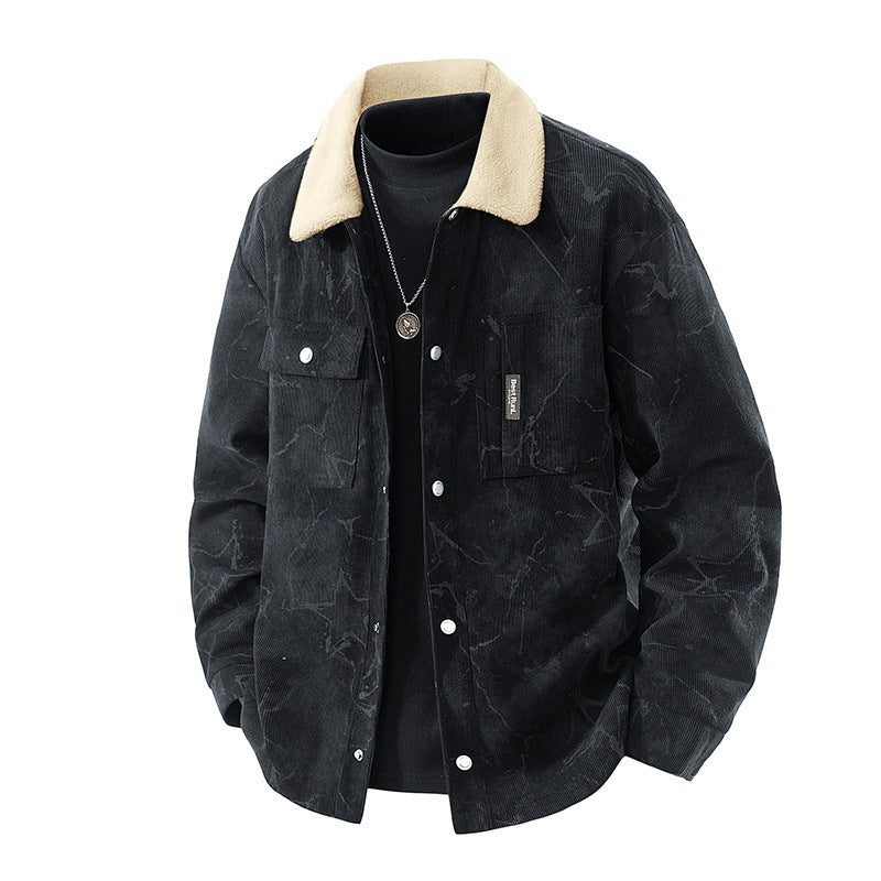 Men's  marbled corduroy sherpa-collar overshirt jacket with flap chest pockets EB