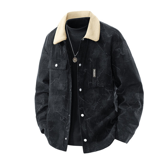 Men's  marbled corduroy sherpa-collar overshirt jacket with flap chest pockets EB