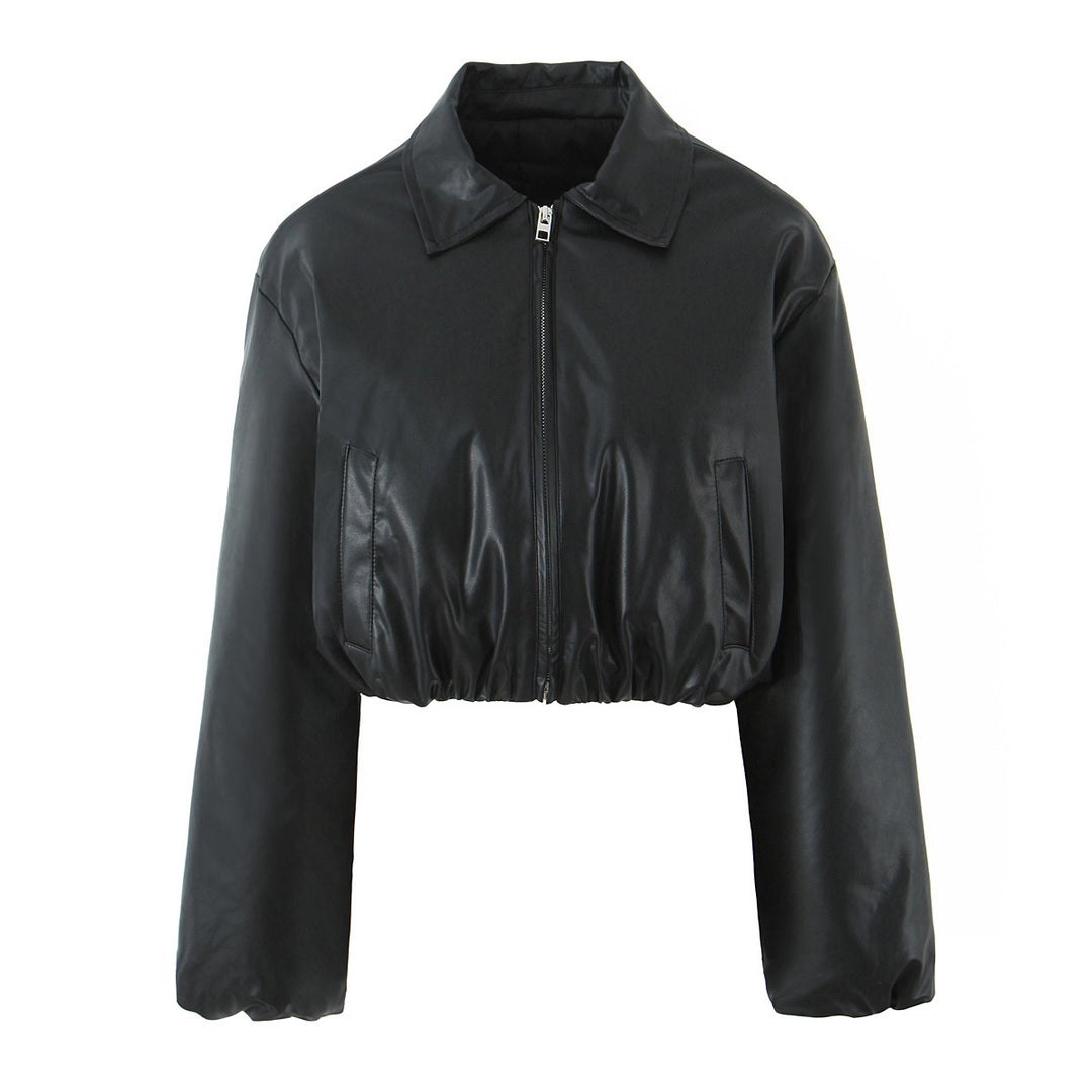 Damen elegante cropped Jacke mit Reißverschluss und Stickkragen EB