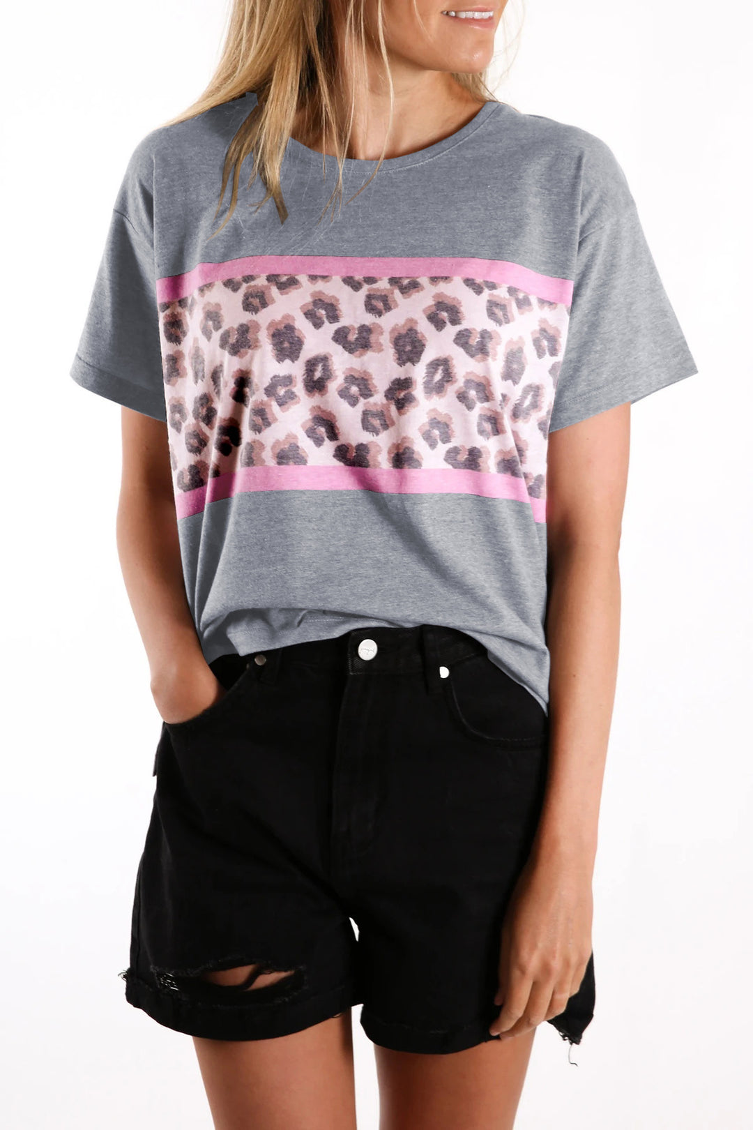 Damen T-Shirt mit modernem Leopardenmuster und elastischem Saum EB