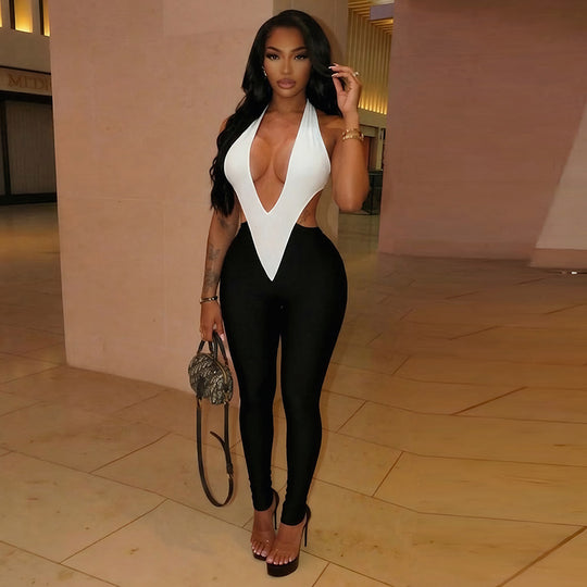 Damen Eleganter und figurbetonter Jumpsuit mit tiefem V-Ausschnitt und seitlichen Cut-Outs EB
