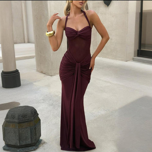 Damen elegantes Maxikleid mit schmeichelnder Raffung und Halterneck EB