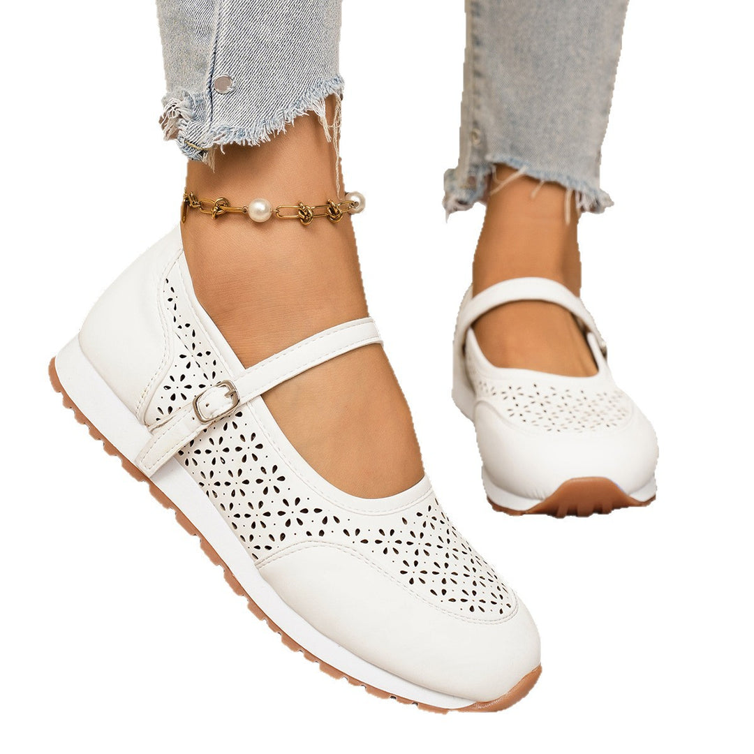 Damen Atmungsaktive Ballerinas mit elegantem Lochmuster und verstellbarem Riemen EB