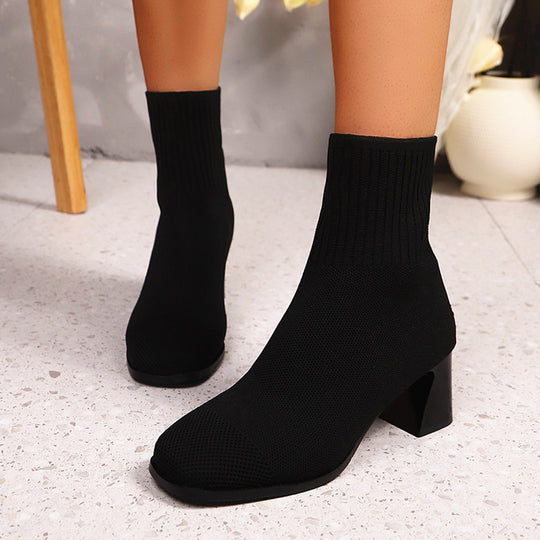 Damen nan gestrickte Sock-Ankleboots mit anatomischem Memory-Fußbett und skulpturellem Blockabsatz EB