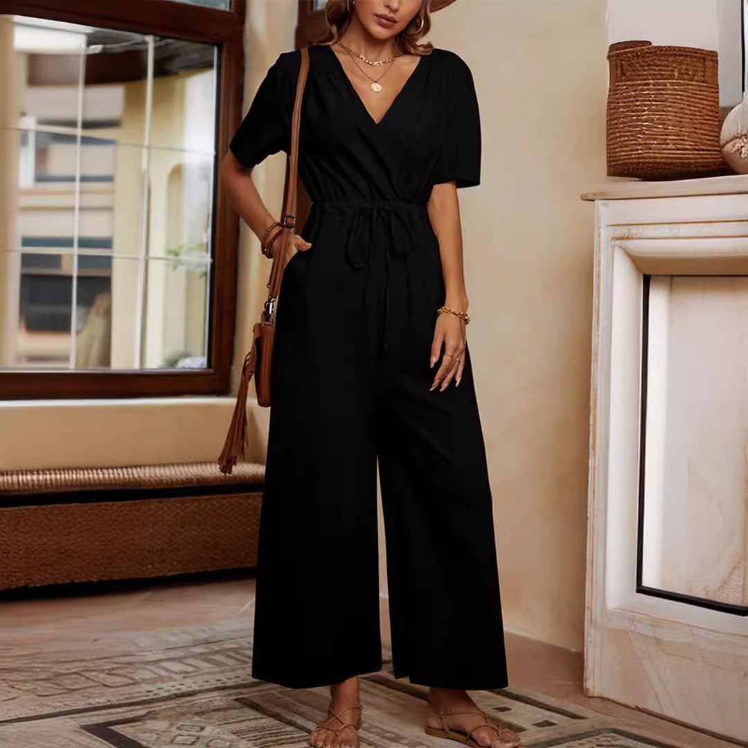 Damen lässiger Jumpsuit mit Taillengürtel und weitem Bein EB