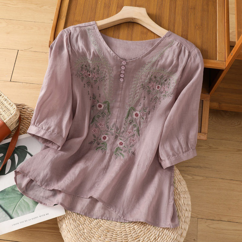 Damen Blusenshirt mit floralem Stickdesign und knöpfbarem Ausschnitt EB