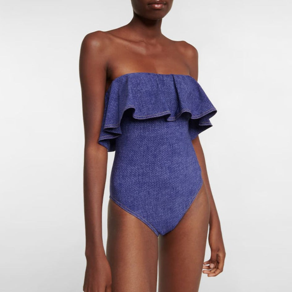 Damen Bandeau Badeanzug mit dekorativen Schleifen und gestreiftem Maxiröckchen EB