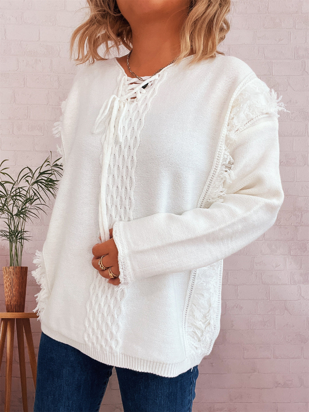 Damen Oversize-Strickpullover mit verspieltem Fransen-Design und Zopfmuster EB