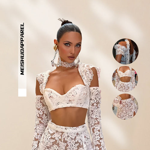 Damen Lace Crop Top und Rock Set mit transparenten Details EB