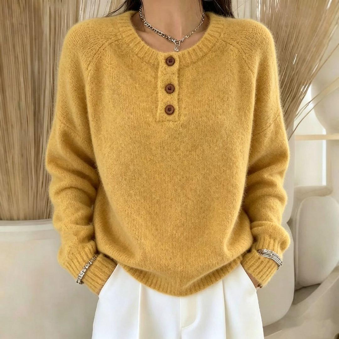 Damen Kuscheliger Rundhals-Henley-Pullover mit Knopfleiste und Raglanärmeln EB