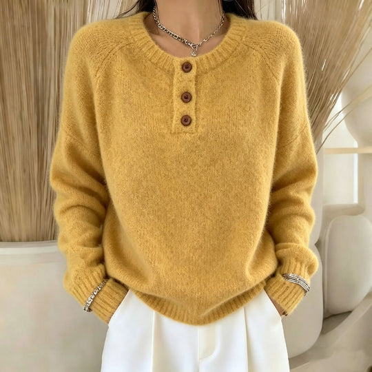 Damen Kuscheliger Rundhals-Henley-Pullover mit Knopfleiste und Raglanärmeln EB