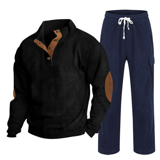 Herren nan strukturiertes Cord-Henley-Loungewear-Set mit Ellenbogenpatches und Cargo-Jogpant EB