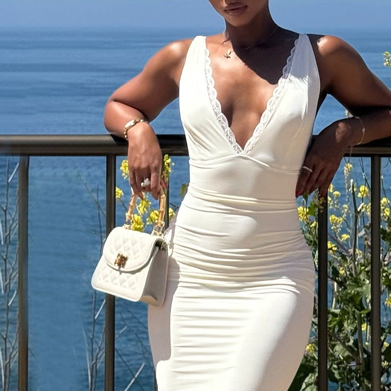 Damen elegantes figurbetontes Midi-Kleid mit verführerischem V-Ausschnitt und feinen Trägern EB
