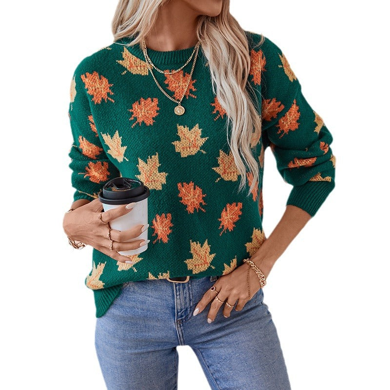 Damen Strickpullover mit strukturiertem Blättermotiv und Rundhalsausschnitt EB