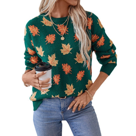 Damen Strickpullover mit strukturiertem Blättermotiv und Rundhalsausschnitt EB