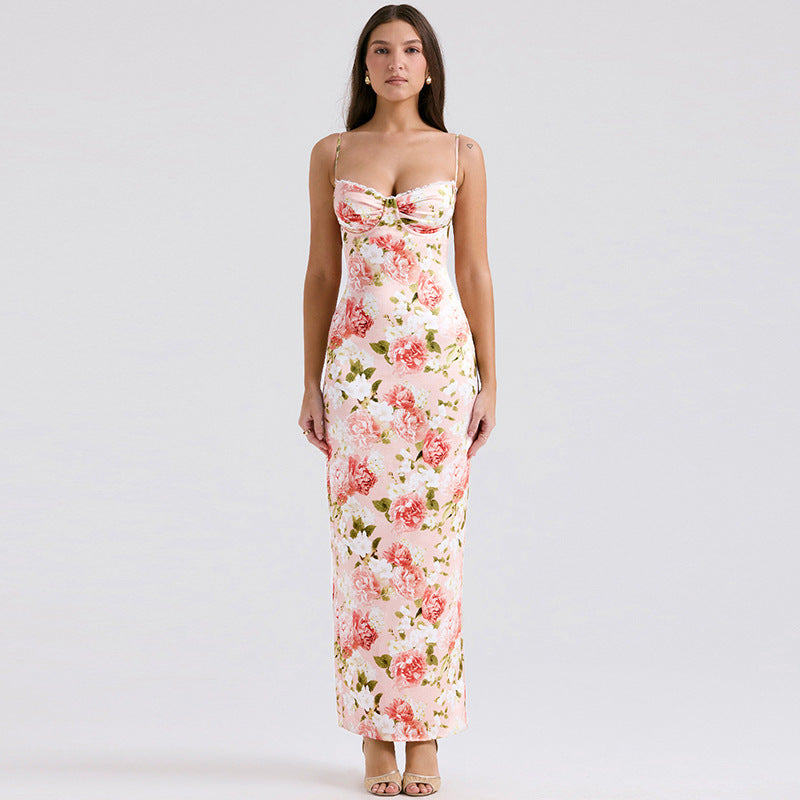 Damen Langärmeliges Satin Maxikleid mit floralen Rüschen EB