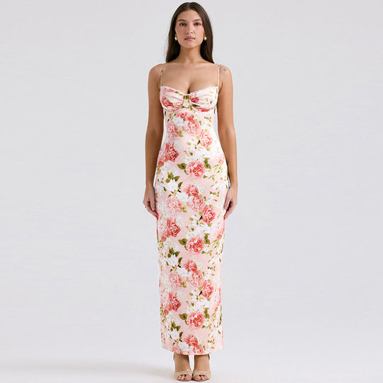 Damen Langärmeliges Satin Maxikleid mit floralen Rüschen EB