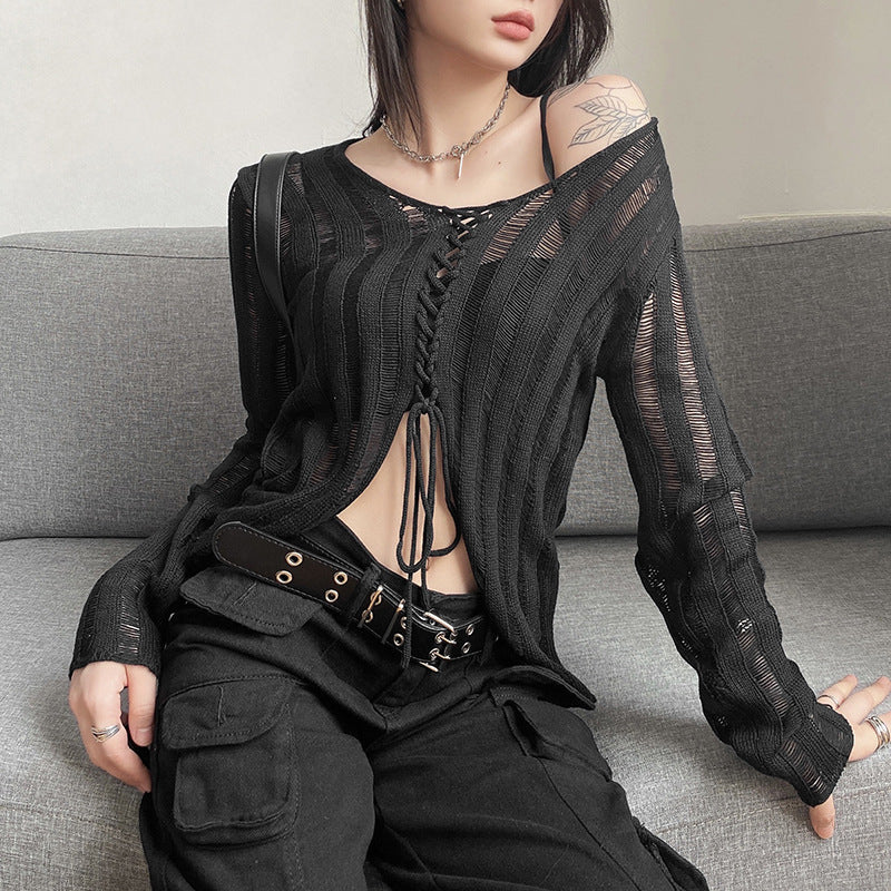 Damen Strickjacke mit modernem Schnürdesign und feinen Lochmustern EB