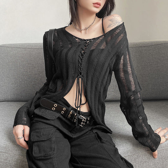 Damen Strickjacke mit modernem Schnürdesign und feinen Lochmustern EB