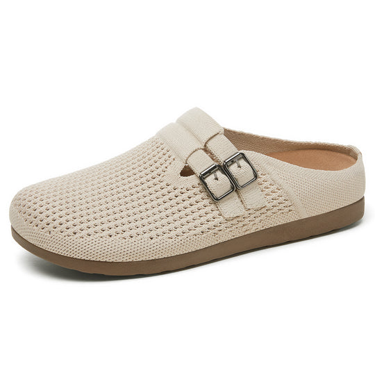 Damen nan gestrickter Clog-Mule mit doppelter Metallschnalle, atmungsaktivem 3D-Strickoberteil und ergonomischem Memory-Fußbett EB